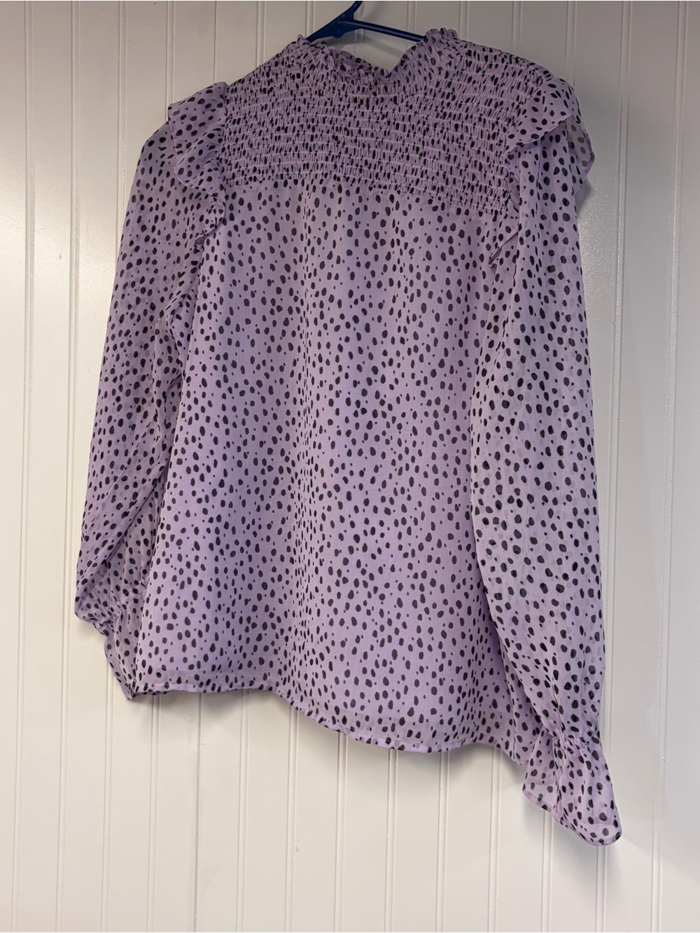 Banana Republic Smocked Lavender Long-Sleeve Blouse with Black Dot Print Medium